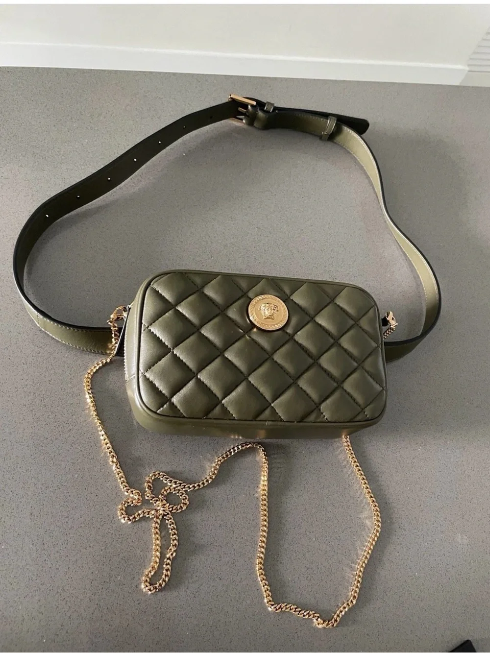 Versace Quilted Olive Green Leather Crossbody with Gold Medallion